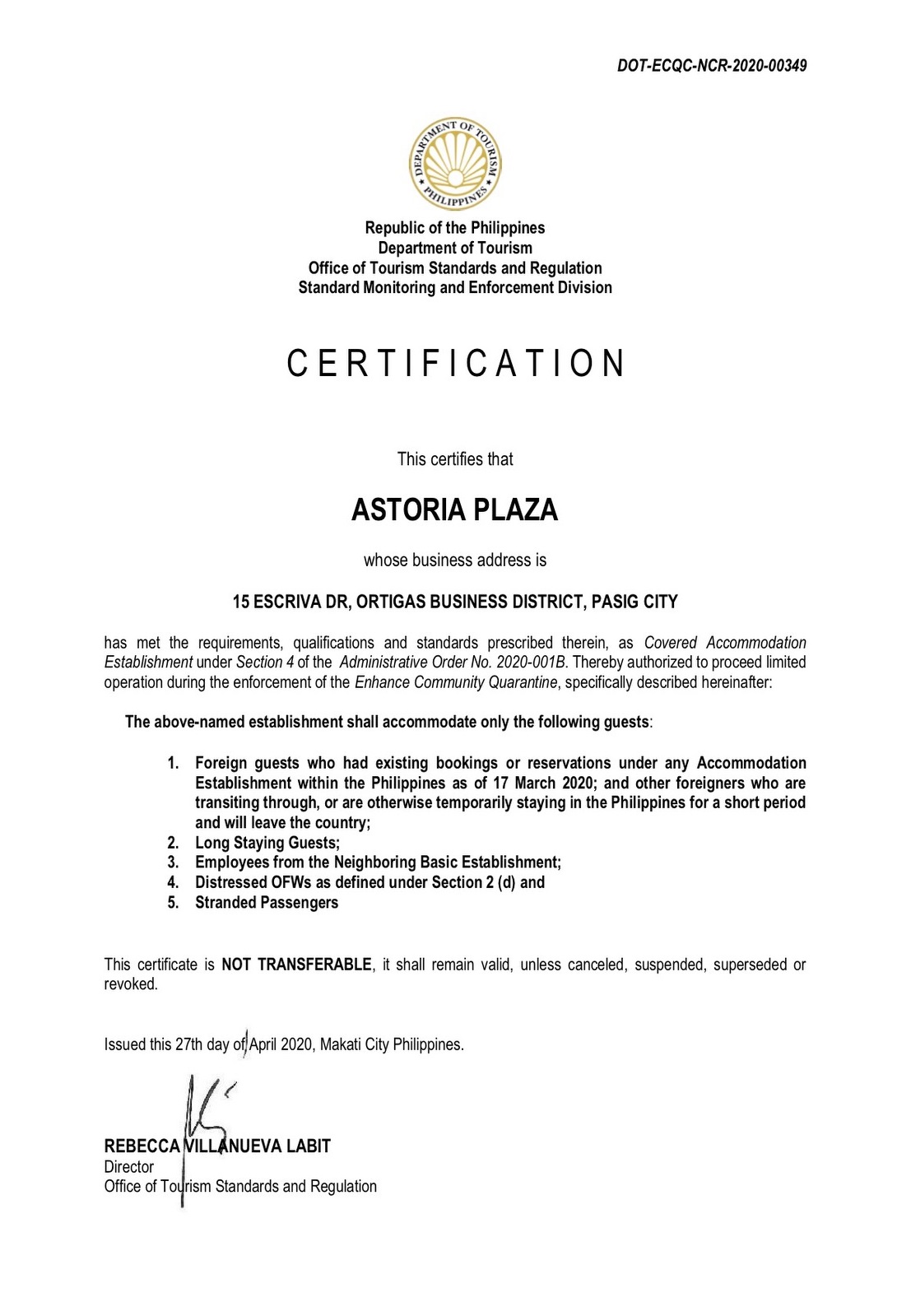 Astoria Plaza & Astoria Greenbelt DOT Certification - Astoria Vacation and  Leisure Club Inc: Timeshare Philippines